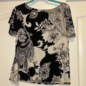 Talbots black and ivory paisley floral short sleeve sweater top woman's size LP
